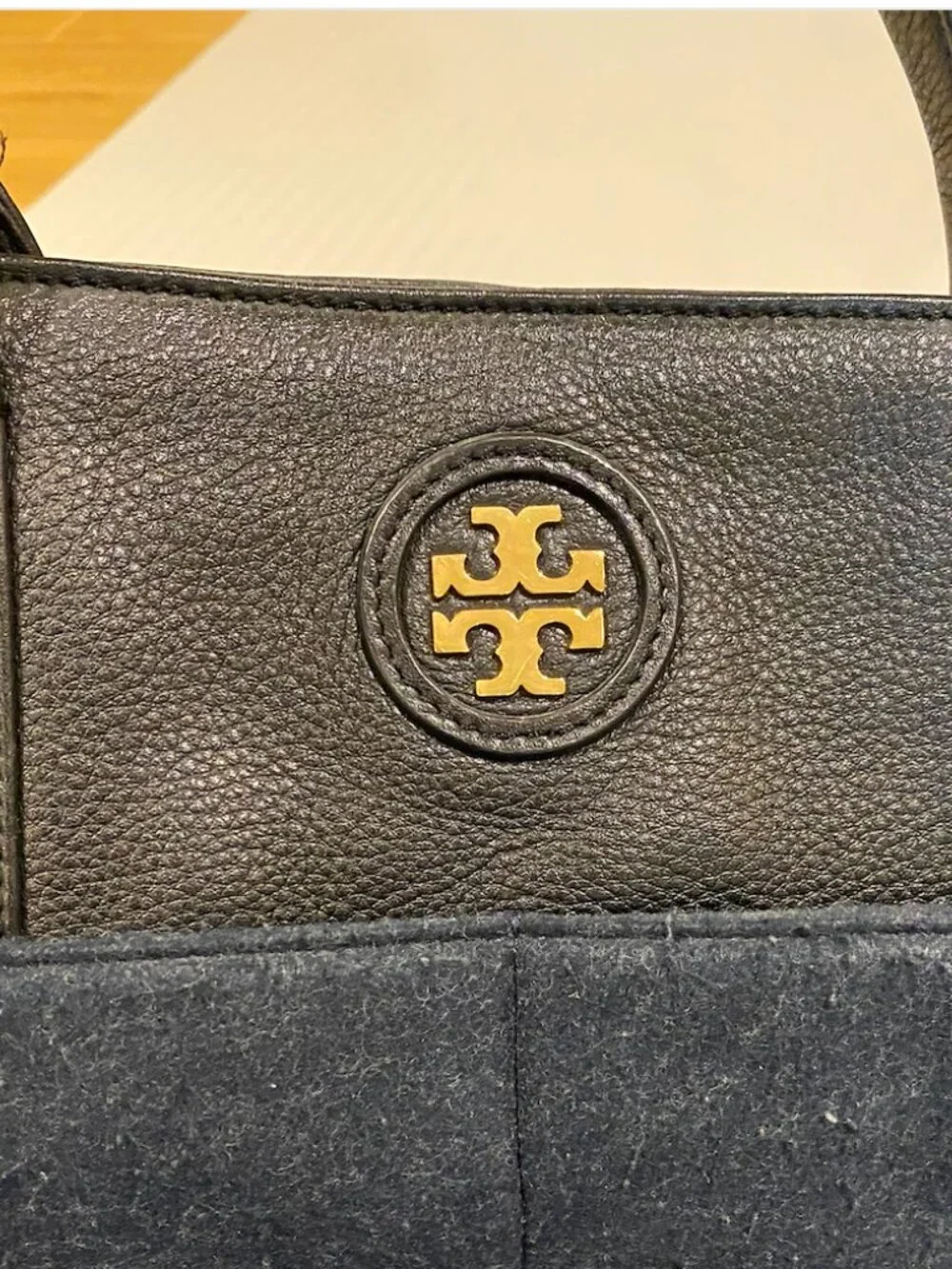 Tory Burch Tote:  Black with Navy Blue Fabric